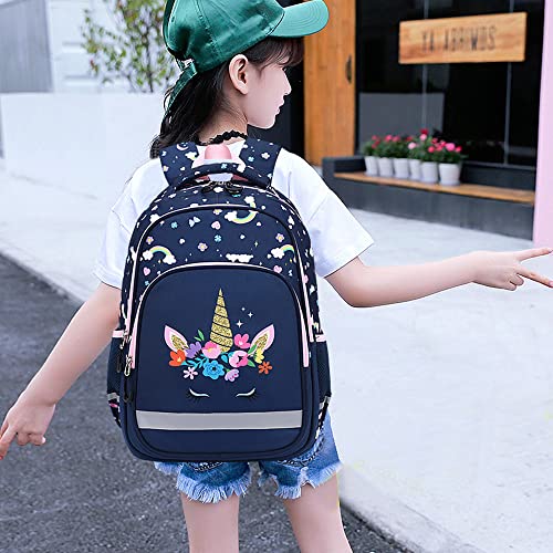 School Backpack Kids Set Middle Elementary Preschool Kindergarten with Lunch Bag & Pencil Case Bookbags for Boys Girls Teen (Unicorn-Navy Blue)