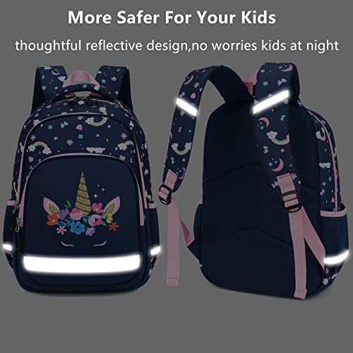 School Backpack Kids Set Middle Elementary Preschool Kindergarten with Lunch Bag & Pencil Case Bookbags for Boys Girls Teen (Unicorn-Navy Blue)