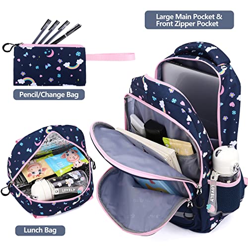 School Backpack Kids Set Middle Elementary Preschool Kindergarten with Lunch Bag & Pencil Case Bookbags for Boys Girls Teen (Unicorn-Navy Blue)