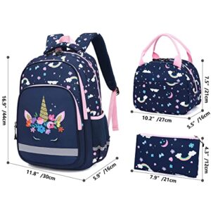 School Backpack Kids Set Middle Elementary Preschool Kindergarten with Lunch Bag & Pencil Case Bookbags for Boys Girls Teen (Unicorn-Navy Blue)