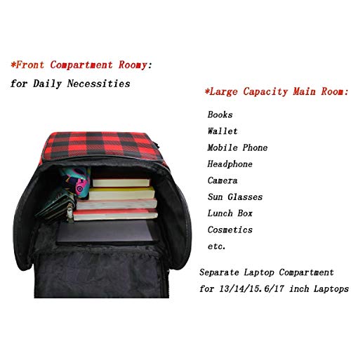 Naanle Chic Red and Black Buffalo Plaid Checkered Pattern Casual Daypack,College Student Bookbags Large Travel Multipurpose Bag Padded Laptop Bag Fits 15.6 inch Notebook