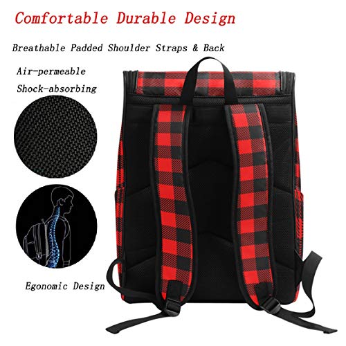 Naanle Chic Red and Black Buffalo Plaid Checkered Pattern Casual Daypack,College Student Bookbags Large Travel Multipurpose Bag Padded Laptop Bag Fits 15.6 inch Notebook