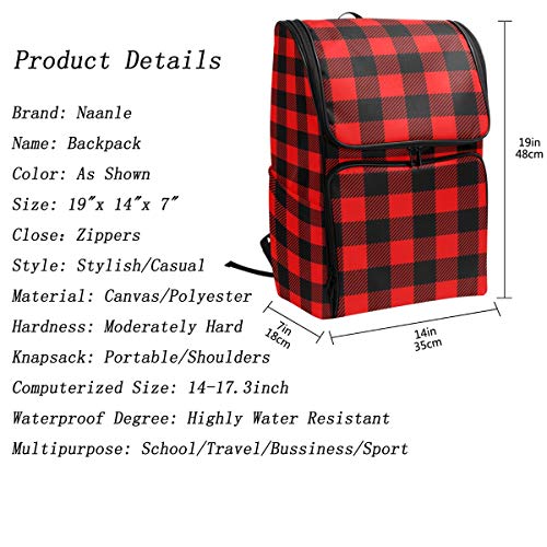 Naanle Chic Red and Black Buffalo Plaid Checkered Pattern Casual Daypack,College Student Bookbags Large Travel Multipurpose Bag Padded Laptop Bag Fits 15.6 inch Notebook