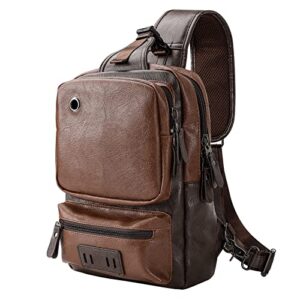 aonetiger small brown sling crossbody backpack shoulder bag, vintage pu leather casual daypack rucksack with usb charger bag for men women