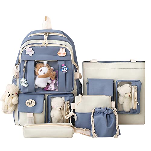 Kawaii Backpack 5Pcs Set Aesthetic School Bags 17in Cute Bookbag with Badge&Pendant,Shoulder Bag,Pencil Box,Tote Bag,Small Bag Blue