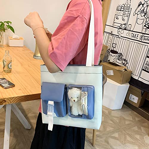 Kawaii Backpack 5Pcs Set Aesthetic School Bags 17in Cute Bookbag with Badge&Pendant,Shoulder Bag,Pencil Box,Tote Bag,Small Bag Blue