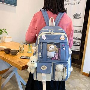 Kawaii Backpack 5Pcs Set Aesthetic School Bags 17in Cute Bookbag with Badge&Pendant,Shoulder Bag,Pencil Box,Tote Bag,Small Bag Blue