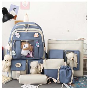 Kawaii Backpack 5Pcs Set Aesthetic School Bags 17in Cute Bookbag with Badge&Pendant,Shoulder Bag,Pencil Box,Tote Bag,Small Bag Blue