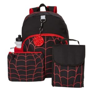 ralme spiderweb backpack set for boys, 16 inch, 6 pieces with foldable lunch bag, water bottle, pencil case, pop it key chain, and carabiner clip