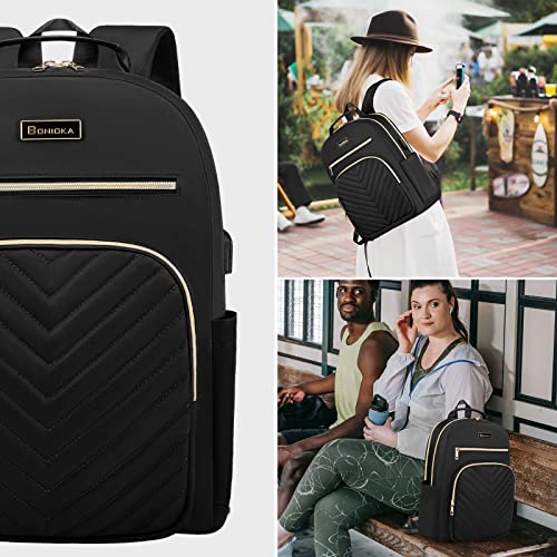 Bonioka Travel Laptop Backpack 15.6 Inch Work Laptop Bag with USB Charging Port, Water Resistant School Computer Backpack for Women Black