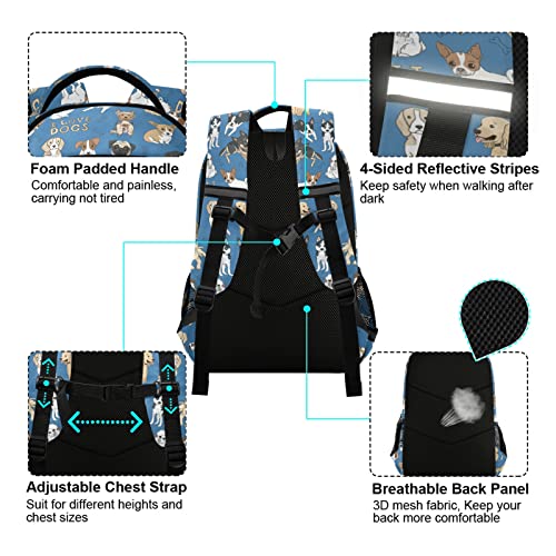 Dogs Backpack for Boys Girls Bookbag with Chest Strap for Students Elementary School Laptop Daypack Rucksack for Teens Travel