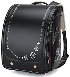 iwailoft ransel randoseru backpack automatic satchel japanese school bag cherry blossom sakura embroidery pu bookbag for girls (black)