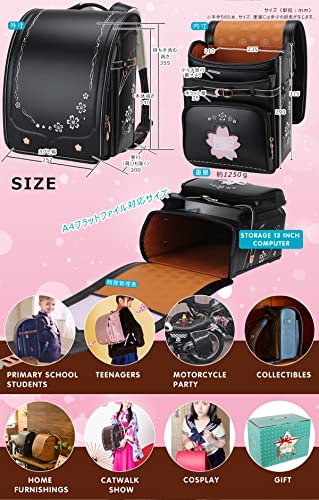 IwaiLoft Ransel Randoseru Backpack Automatic Satchel Japanese School Bag Cherry Blossom Sakura Embroidery PU Bookbag For Girls (Black)