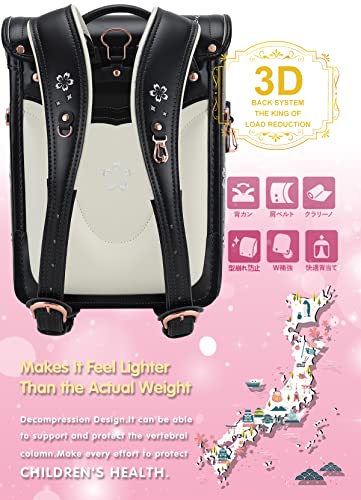 IwaiLoft Ransel Randoseru Backpack Automatic Satchel Japanese School Bag Cherry Blossom Sakura Embroidery PU Bookbag For Girls (Black)