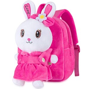 kids toddler backpack baby girl backpack with stuffed bunny mini plush toys for toddler girls gifts 2 3 4 5 6 years old easter gift little doll stuffed animal rabbit plushie schoolbag rose red 9.8”