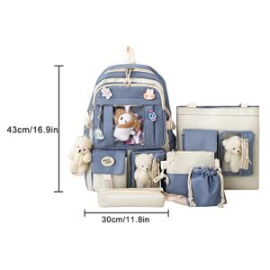 Cute Backpack with Cute Plushes and Pins 5Pcs Set Cute Travel Rucksack School Bag Aesthetic Backpack for Girls