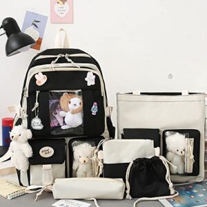 Cute Backpack with Cute Plushes and Pins 5Pcs Set Cute Travel Rucksack School Bag Aesthetic Backpack for Girls