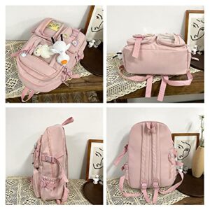 Kawaii Backpack for Girls Cute Aesthetic Backpack with Cute Plush Keychain Badge Pins for Teen Girls School Gift