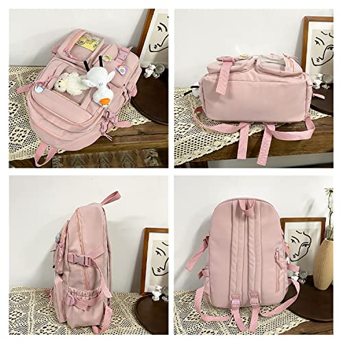 Kawaii Backpack for Girls Cute Aesthetic Backpack with Cute Plush Keychain Badge Pins for Teen Girls School Gift