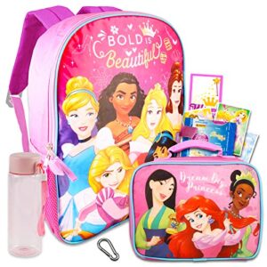 color shop disney princess backpack and lunch box set – school supplies bundle with insulated bag plus water bottle, stickers, more (disney for kids)