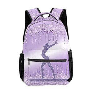 custom kid backpack, violet purple glitter print girls gymnastics personalized school bookbag with your own name, casual bookbags for student girls boys