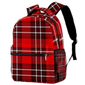 classic plaid pattern burgundy red white large backpack for boys girls schoolbag with multiple pockets canvas