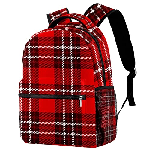 Classic Plaid Pattern Burgundy Red White Large Backpack for Boys Girls SchoolBag with Multiple Pockets Canvas