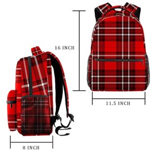 Classic Plaid Pattern Burgundy Red White Large Backpack for Boys Girls SchoolBag with Multiple Pockets Canvas