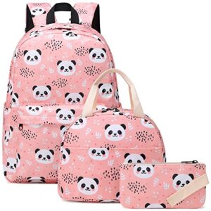 panda girls school backpacks for kids teens, 3-in-1 school bag bookbags set with lunch bag pencil case (pink)