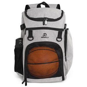 dremzly large gray adult sports gym backpack for men and women with ball compartment for basketball, volleyball, soccer, or rugby