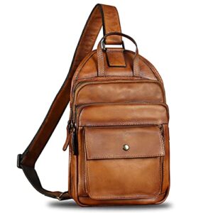 IVTG Genuine Leather Sling Bag for Men Vintage Crossbody Hiking Shoulder Bag Backpack Retro Cowhide Handmade Casual Daypack Purse Fanny Bag (Brown)