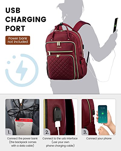 LOVEVOOK Laptop Backpack for Women, Work Travel Backpack Purse for Women Water Resistant, School Bookbag for Women, Nurse Bag Teacher Computer Backpack with USB Charging Port, Fits 15.6'' Laptop Wine