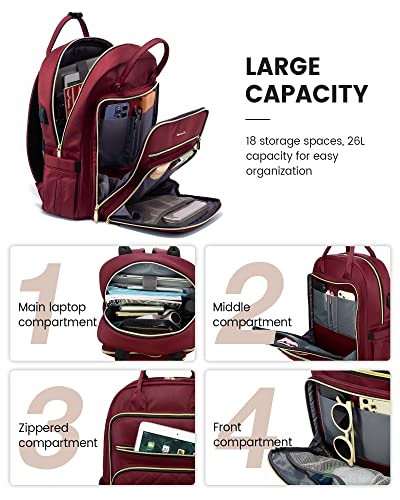 LOVEVOOK Laptop Backpack for Women, Work Travel Backpack Purse for Women Water Resistant, School Bookbag for Women, Nurse Bag Teacher Computer Backpack with USB Charging Port, Fits 15.6'' Laptop Wine