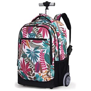 2022 rolling backpack for kids adults, 18″ waterproof backpack with wheels for girls boys, roller bookbags for school travel, age 7+, white flower