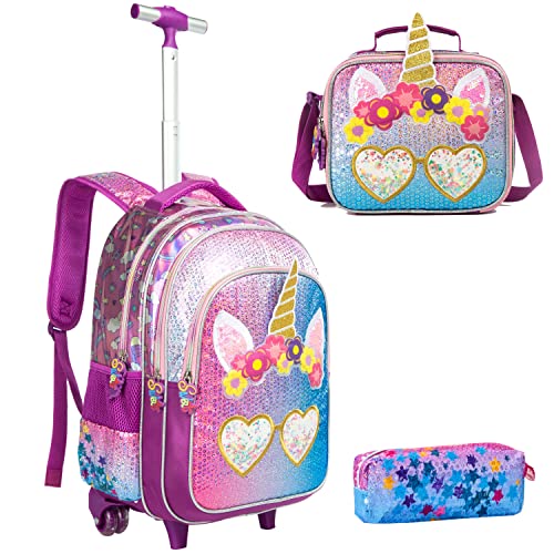 Meetbelify Unicorn Rolling Backpack for Girls Wheels Backpacks for Girls for School Sequin Backpack with Lunch Box for Elementary Students