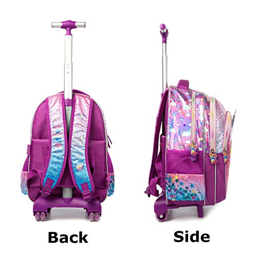 Meetbelify Unicorn Rolling Backpack for Girls Wheels Backpacks for Girls for School Sequin Backpack with Lunch Box for Elementary Students