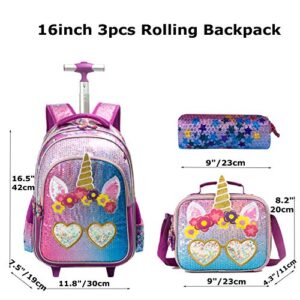 Meetbelify Unicorn Rolling Backpack for Girls Wheels Backpacks for Girls for School Sequin Backpack with Lunch Box for Elementary Students