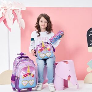 Meetbelify Unicorn Rolling Backpack for Girls Wheels Backpacks for Girls for School Sequin Backpack with Lunch Box for Elementary Students