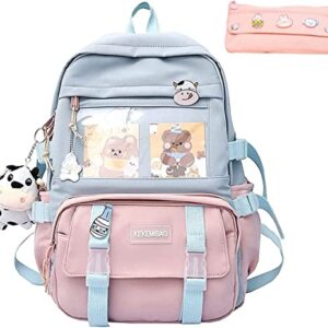 LIEEI Kawaii Backpack with Cute Pins and Plush Pendant for Teen Girls School Large Capacity Waterproof School Bag Bookbag