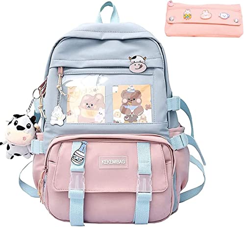 LIEEI Kawaii Backpack with Cute Pins and Plush Pendant for Teen Girls School Large Capacity Waterproof School Bag Bookbag