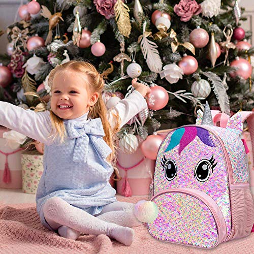 Unicorn Backpack for Girls, Toddler Sequin Preschool Bookbag, 12.5" Cute Cartoon Animal Schoolbag