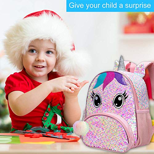 Unicorn Backpack for Girls, Toddler Sequin Preschool Bookbag, 12.5" Cute Cartoon Animal Schoolbag