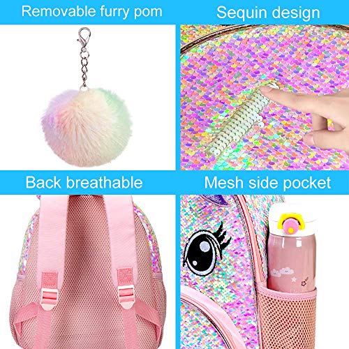 Unicorn Backpack for Girls, Toddler Sequin Preschool Bookbag, 12.5" Cute Cartoon Animal Schoolbag