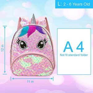 Unicorn Backpack for Girls, Toddler Sequin Preschool Bookbag, 12.5" Cute Cartoon Animal Schoolbag