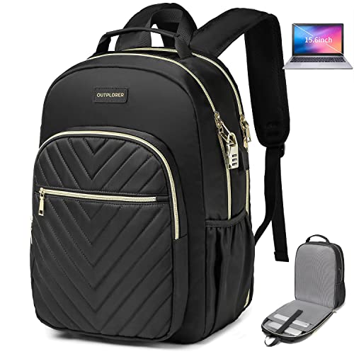 Laptop Backpack for Women, Fashion Quilted Backpack Purse, Anti Theft Computer Travel Backpack with USB Charging Port, Water Resistant Work Backpack for Men, Teacher/Nurse Bag 15.6-Inch, Black