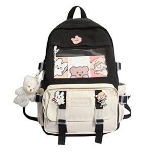 kowvowz kawaii backpack for teen girls aesthetic student bookbags with cute pin bear pendant harajuku school nylon waterproof (black)
