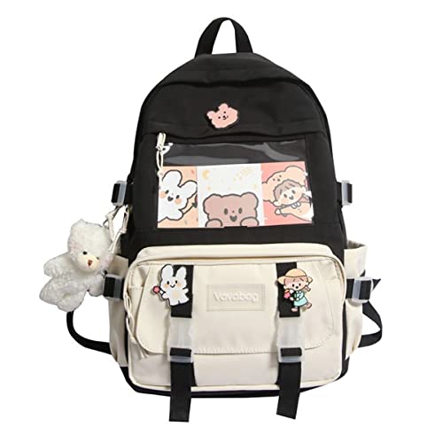 KOWVOWZ Kawaii Backpack for Teen Girls Aesthetic Student Bookbags with Cute pin bear pendant harajuku school nylon waterproof (black)