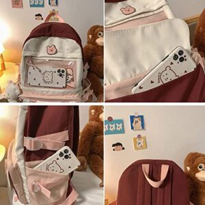 KOWVOWZ Kawaii Backpack for Teen Girls Aesthetic Student Bookbags with Cute pin bear pendant harajuku school nylon waterproof (black)