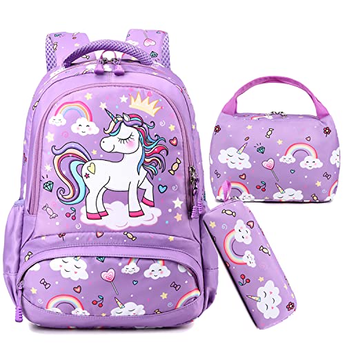 Unicorn Backpack for Girls Kids School backpack for Elementary Water Resistant Girls School Bag Unicorn Bookbag 3 Piece Set with Insulated Lunch Bag and Pencil Case