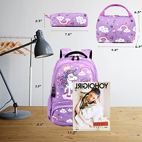 Unicorn Backpack for Girls Kids School backpack for Elementary Water Resistant Girls School Bag Unicorn Bookbag 3 Piece Set with Insulated Lunch Bag and Pencil Case